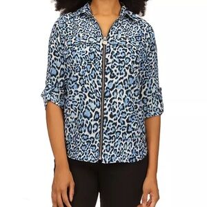 Michael Kors Wildcat-Print Zip-Front Top - Blue Leopard Print Women's Top